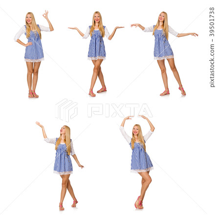 Caucasian woman in plaid blue dress isolated on 39501738