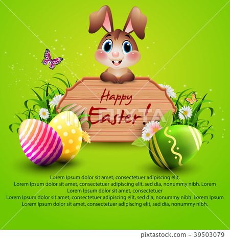 Cute Easter bunny with a wooden sign and colorful Cute Easter bunny with a wooden sign and colorful 39503079