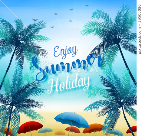 Enjoy summer holidays with umbrellas and palm tree 39503080