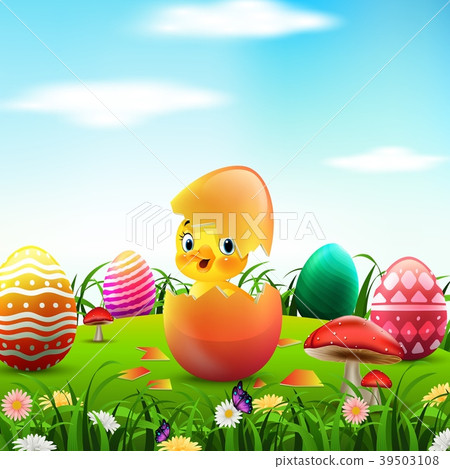 Cute Easter duckling in the broken Easter egg 39503108