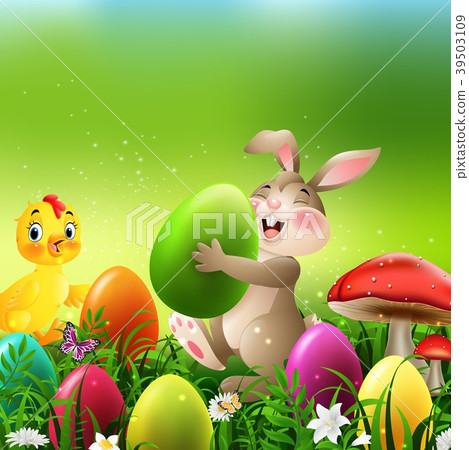 Cartoon rabbit with easter eggs and baby chicken i Cartoon rabbit with easter eggs and baby chicken i 39503109