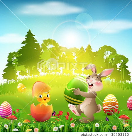 Cute Easter bunny holding an egg with little chick Cute Easter bunny holding an egg with little chick 39503110