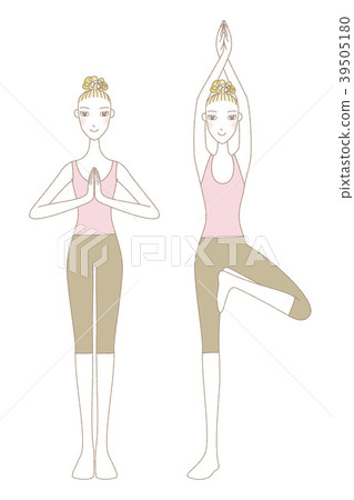 Young woman doing yoga mountain pose and standing tree pose 39505180