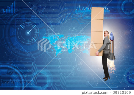 Woman flying jetpack and delivering boxes globally Woman flying jetpack and delivering boxes globally 39510109