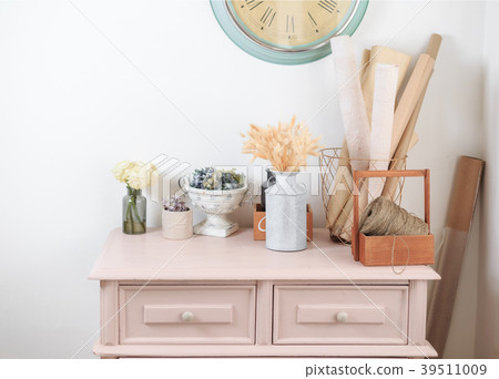 Wooden vintage pink Dresser. Decoration in flower Wooden vintage pink Dresser. Decoration in flower 39511009