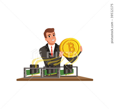 Cheerful businessman holding golden bitcoin 39512175
