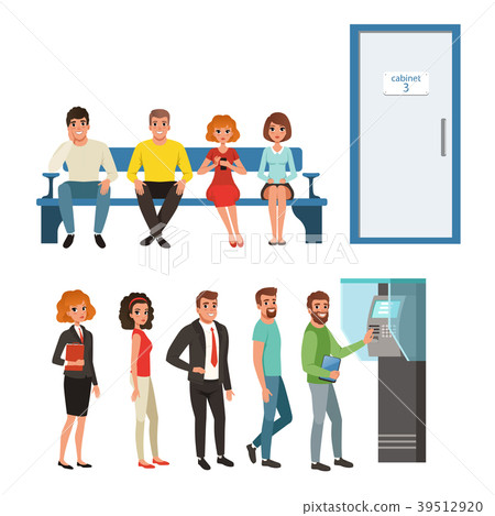 Groups of people standing and sitting in queues - Stock Illustration ...