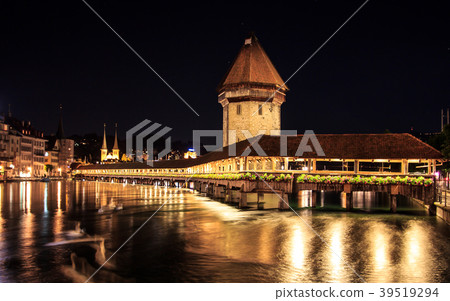 Lucerne Chapel Bridge and Water Tower at night 39519294