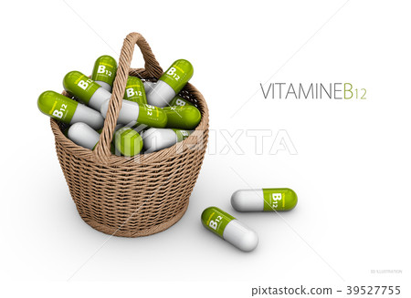 Vitamin B12 capsules in the basket. Dietary 39527755