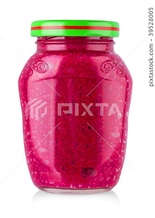 Jar of red jam with green cover, isolated on white Jar of red jam with green cover, isolated on white 39528005