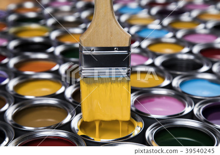 Paint brush, tin can and color guide samples. Paint brush, tin can and color guide samples. 39540245