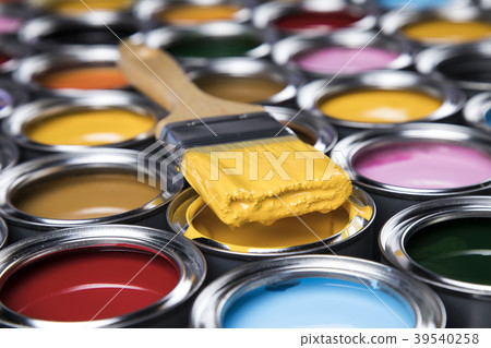 Open paint cans with a brush, Rainbow colors 39540258