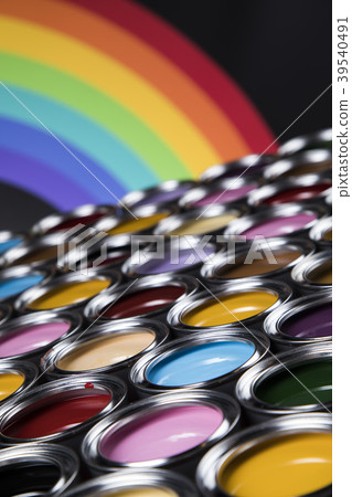 Rainbow colors, Group of tin metal cans 39540491