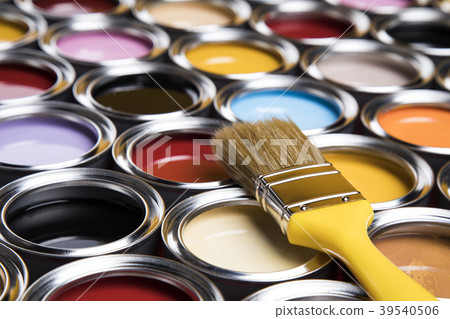 Paint brush, tin can and color guide samples. Paint brush, tin can and color guide samples. 39540506