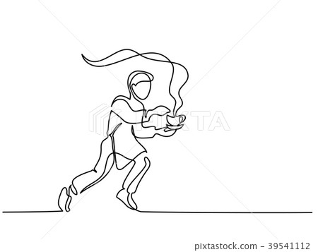 Boy garson running with cup of tea coffee 39541112