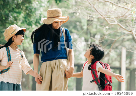 Family travel Two schoolchildren sister and mother Family travel Two schoolchildren sister and mother 39545899
