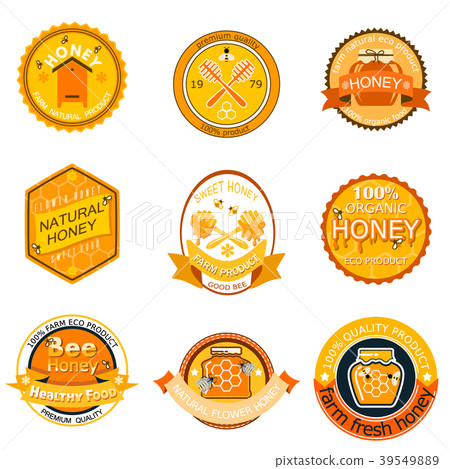 Set bee logo labels for honey products organic Set bee logo labels for honey products organic 39549889