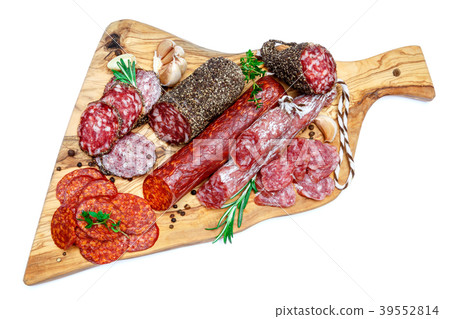 Various types of Dried organic salami sausage on 39552814