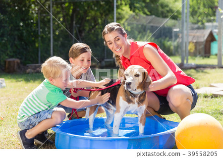 Family washing dog in pool of animal shelter 39558205