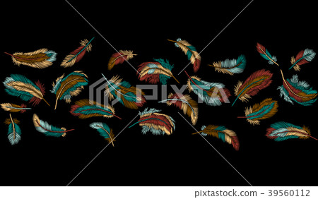 Colorful feathers embroidery seamless border 39560112