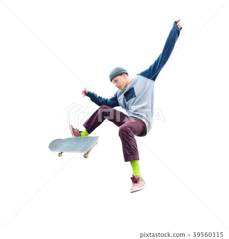 A teenage boy in a hat and a sweatshirt jumping 39560315