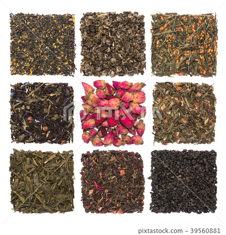 Set of dry herbal and floral tea Green, black, composition tea isolated on white Set of dry herbal and floral tea Green, black, composition tea isolated on white 39560881