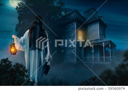Female against abondoned house, moonlit night Female against abondoned house, moonlit night 39560974