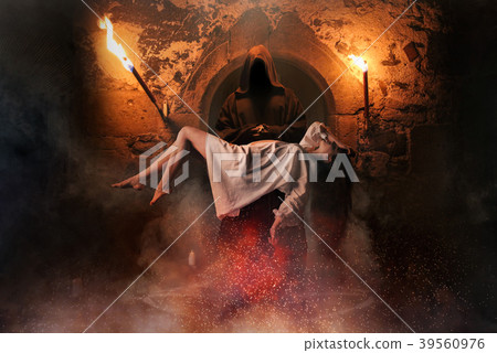 Man against woman flying over pentagram circle Man against woman flying over pentagram circle 39560976