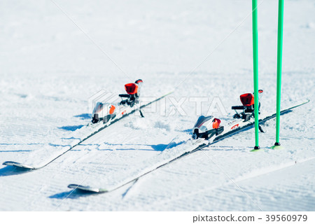 Skis and poles sticking out of the snow closeup Skis and poles sticking out of the snow closeup 39560979
