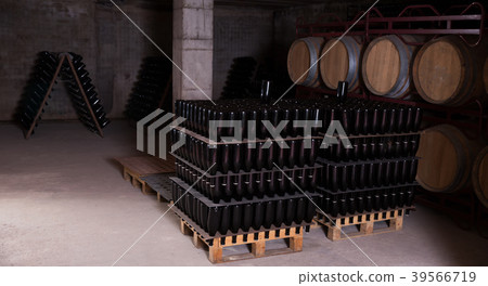 Wine cellar with bottles and barrels Wine cellar with bottles and barrels 39566719