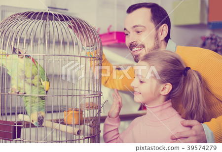 father and daughter excited to see green parrot in pet shop father and daughter excited to see green parrot in pet shop 39574279