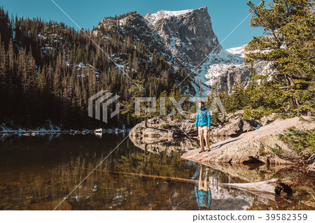 Tourist near Dream Lake in Colorado Tourist near Dream Lake in Colorado 39582359