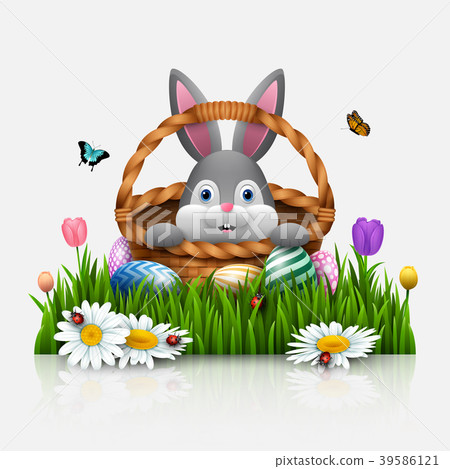 Cute Easter bunny in a basket with colorful eggs o Cute Easter bunny in a basket with colorful eggs o 39586121