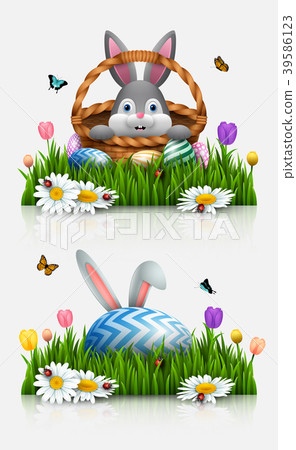 Cute rabbit cartoon with a basket and bunny ears i Cute rabbit cartoon with a basket and bunny ears i 39586123