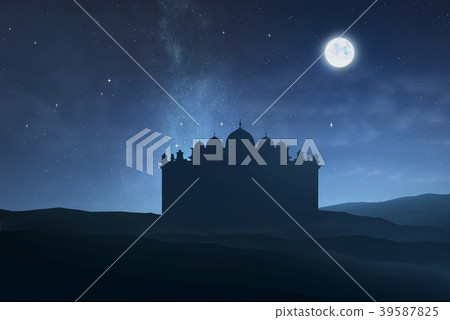 Silhouette of big mosque with moonlight 39587825