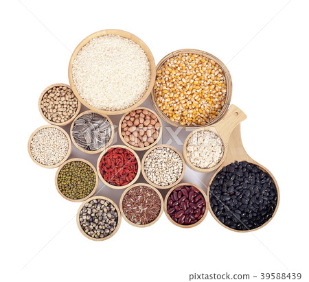 Cereal grains , seeds, beans on wooden background Cereal grains , seeds, beans on wooden background 39588439