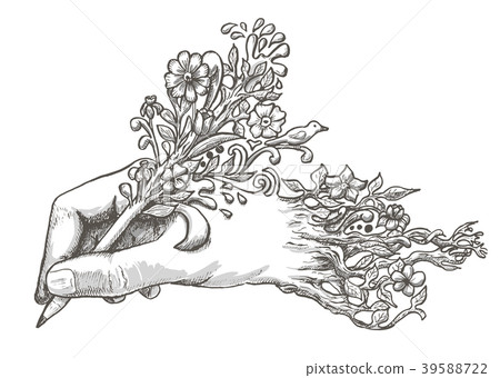 drawing hand with a flowering pencil 39588722