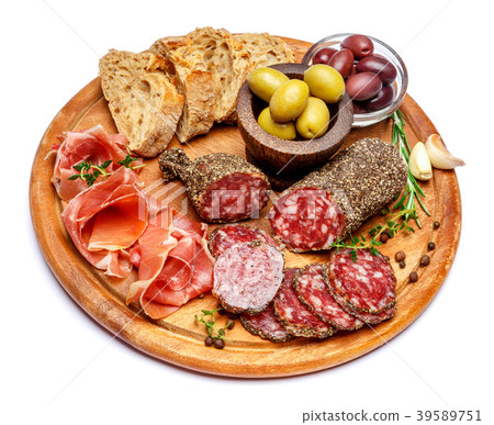 Dried organic salami sausage or spanish chorizo on Dried organic salami sausage or spanish chorizo on 39589751