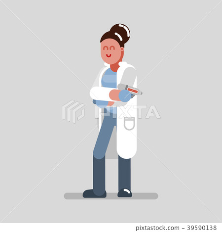 Woman pharmacist standing with syringe Woman pharmacist standing with syringe 39590138