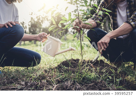 Young couple planting the tree while Watering a tree working in 39595257