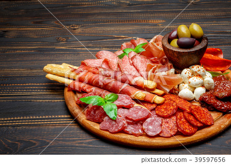 Meat and cheese plate with salami sausage, chorizo Meat and cheese plate with salami sausage, chorizo 39597656