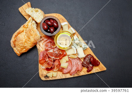 Meat and cheese plate with salami sausage, chorizo 39597761