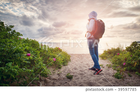 Log on the beach at sunset Log on the beach at sunset 39597785