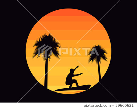 Palm trees and a surfer on a sunset background 39600621