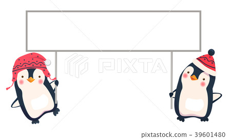 Two Penguins Holding Banner Stock Illustration 39601480 Pixta