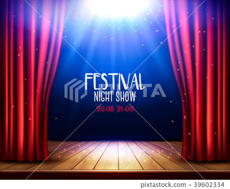 A theater stage with a red curtain and spotlight. A theater stage with a red curtain and spotlight. 39602334