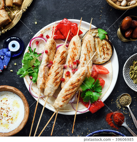 Chicken kebab, Tavuk sish kebab on dark background 39606985