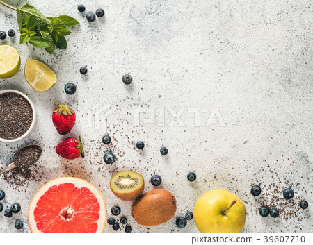 Fresh fruits, berries, chia seeds and mint, copy 39607710