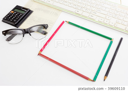 black glasses and keyboard and calculator 39609110