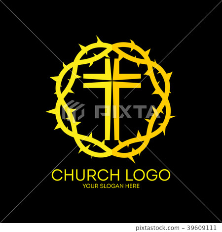 Church logo. Yellow, crown of thorns, cross, icon Church logo. Yellow, crown of thorns, cross, icon 39609111